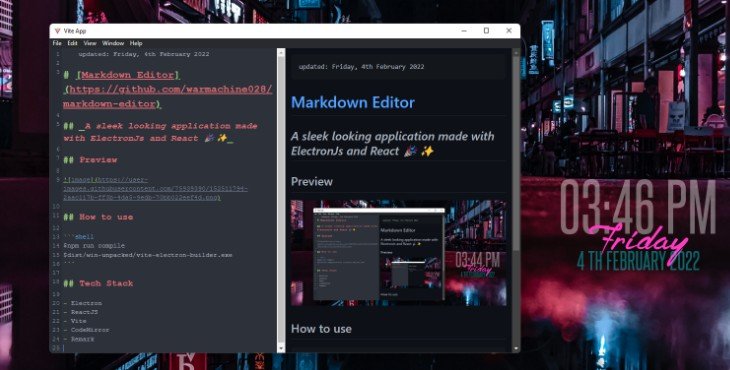 A markdown editor using Electron, ReactJS, Vite, CodeMirror, and Remark
