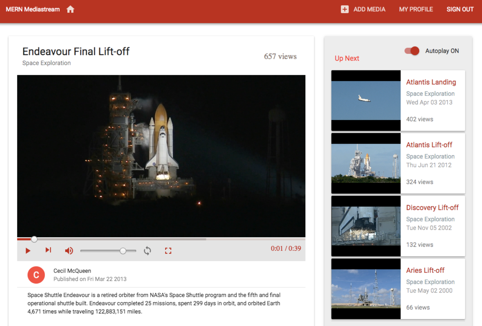 A media streaming application with media upload and stream features developed using React
