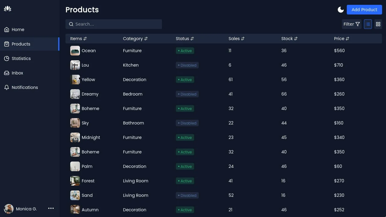 Products Dashboard UI