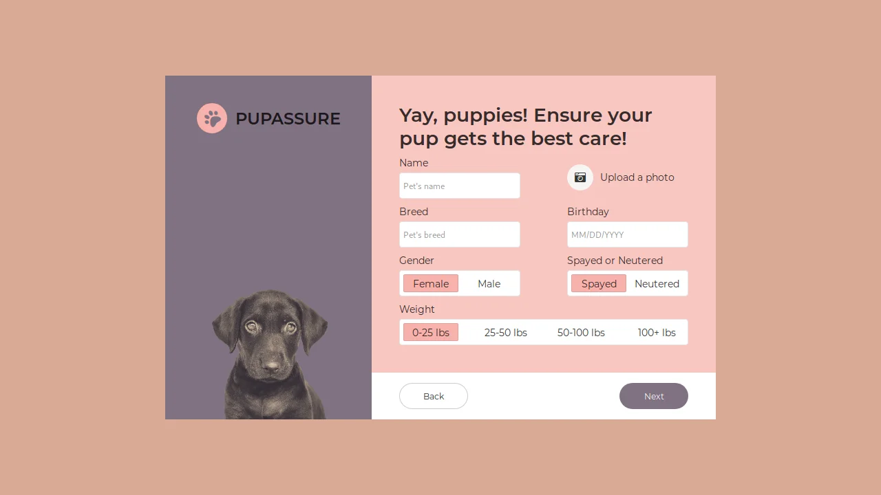Pupassure Sign Up Form
