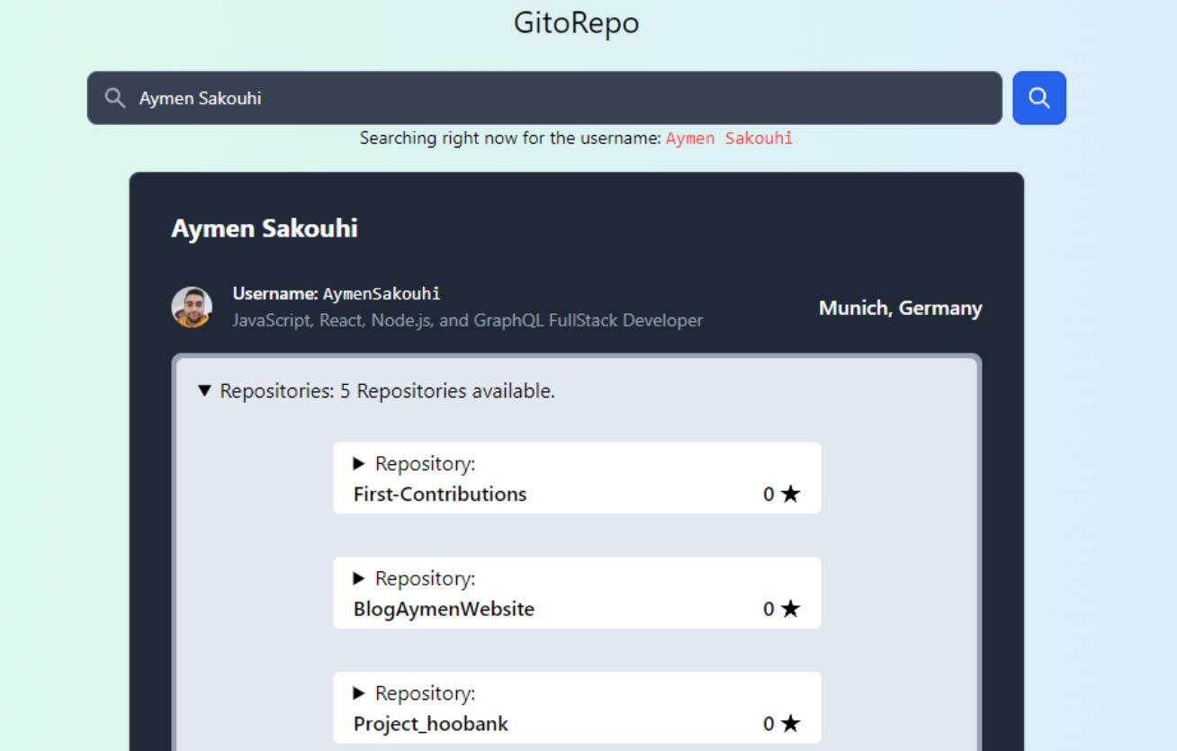 A React application which integrates with github.com API and allows user to search