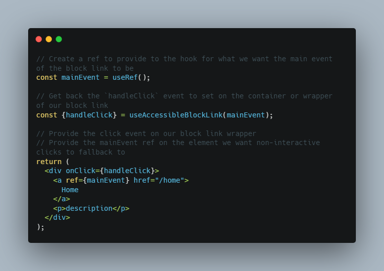 A reusable react hook that preserves a components semantic accessibility to create a visual block link