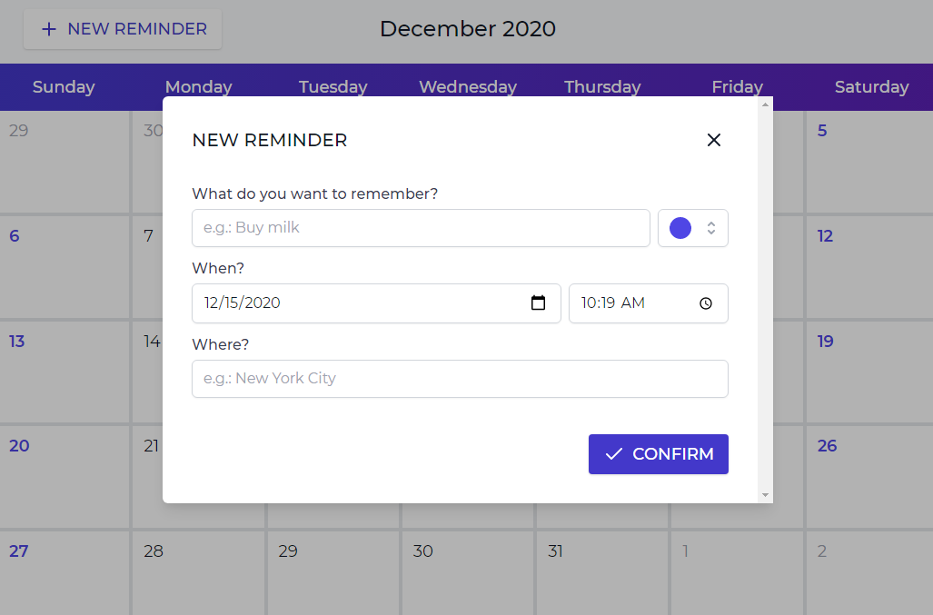 A simple calendar where you can add reminders for a specific date/time and city