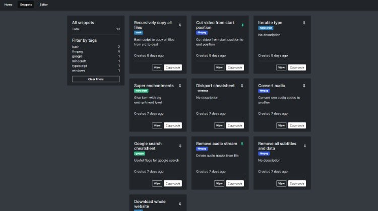 A simple self-hosted app for organizing your code snippets built using react