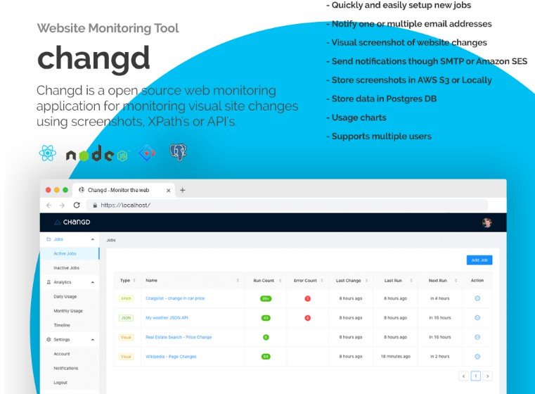 Changd - Open source web monitoring application for monitoring visual site changes using screenshots, XPath's or API's