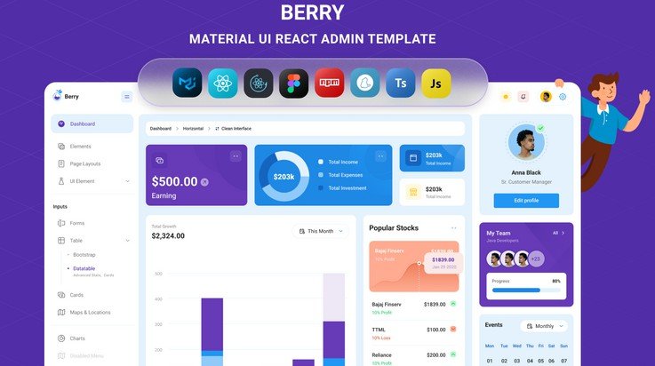 A creative free react admin template build using the Material-UI