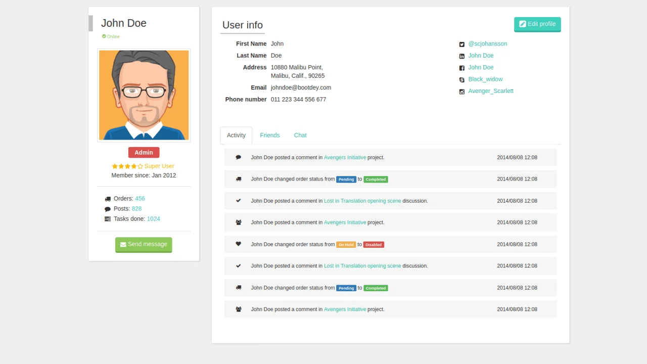 Bootstrap User Profile with Friends and Chat