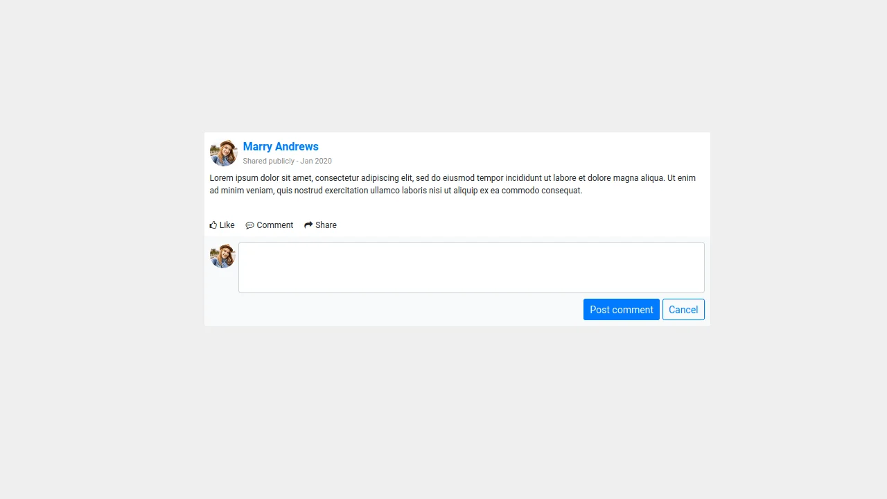 Bootstrap 4 Like Comment Share Section with Comment Box