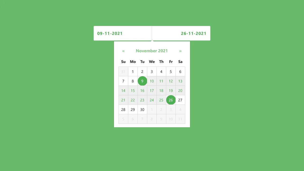 Bootstrap 4 Green Themed Datepicker with Date Range