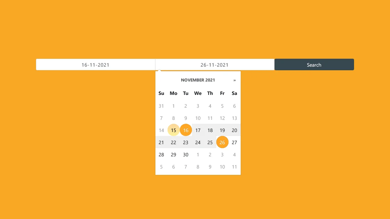 Bootstrap 4 orange themed datepicker with date range