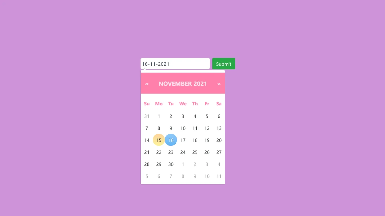 Bootstrap 4 Pink Themed Custom Datepicker