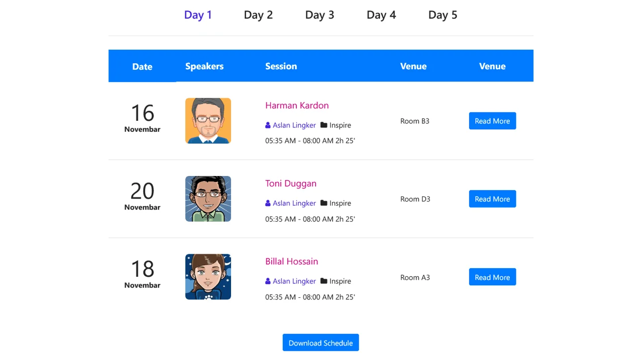 Bootstrap Event Schedule List