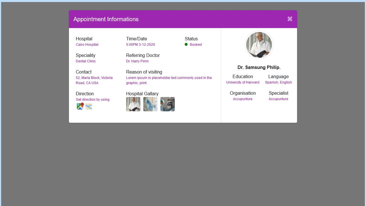 Bootstrap 5 Doctors Appointment Information Modal