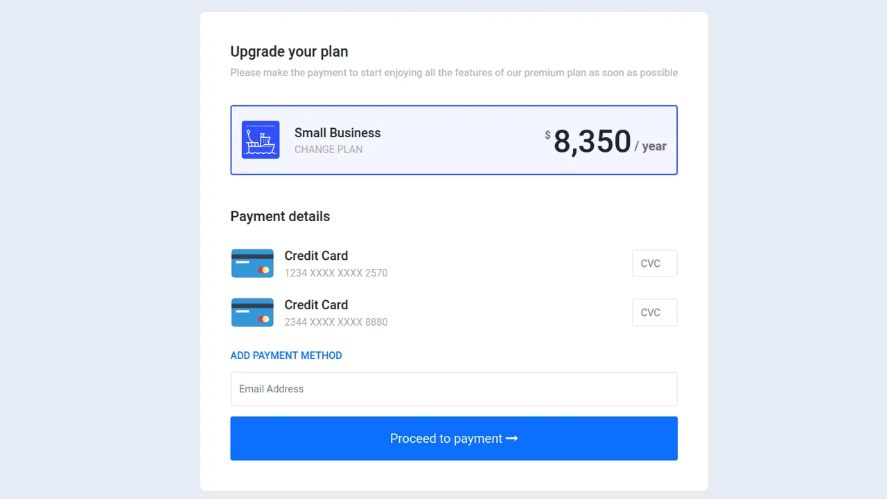 Bootstrap 5 Pricing Plan with Credit Card Payment Details