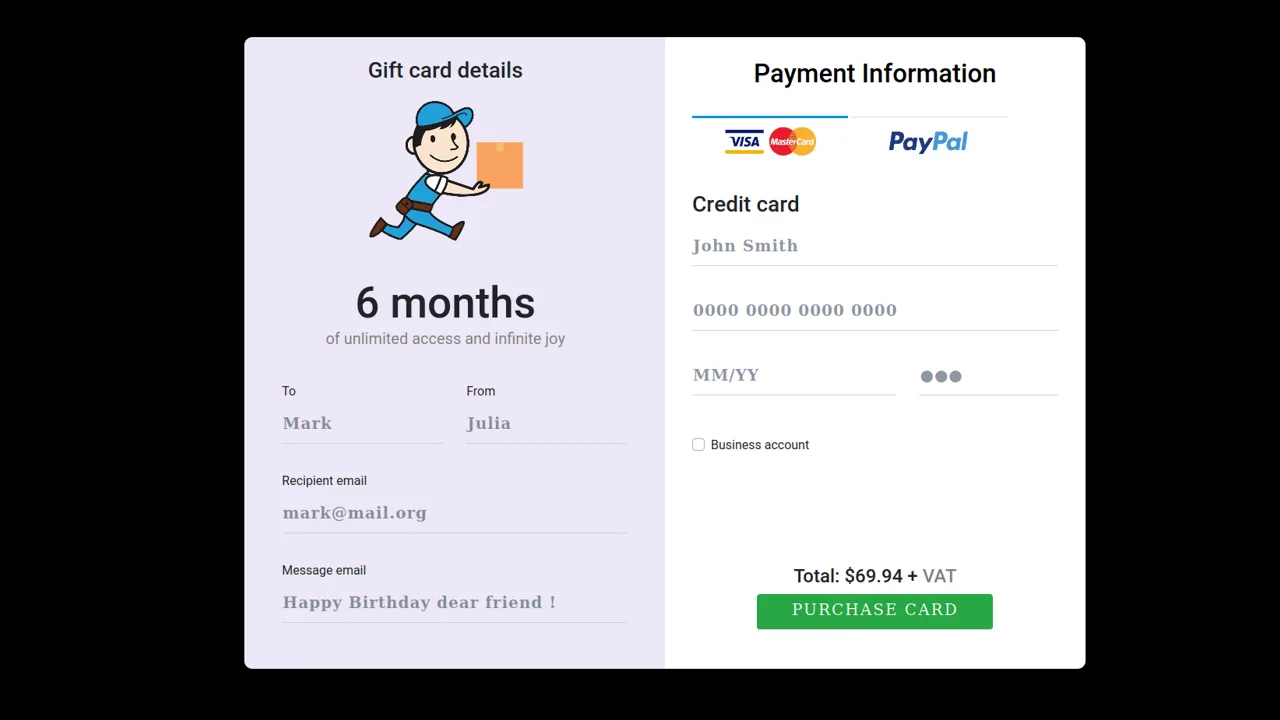 Bootstrap 4 Gift Card Payment Form