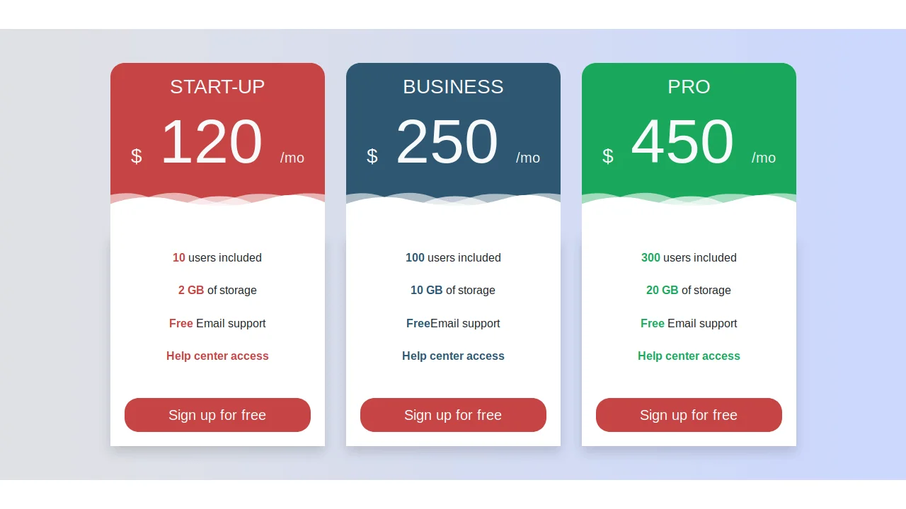 Creative Pricing Table