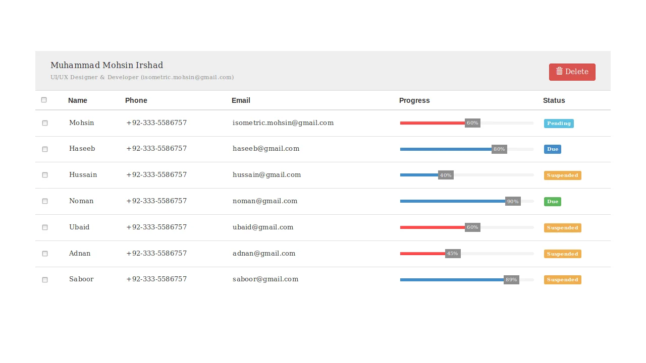 Table with Progress Bar
