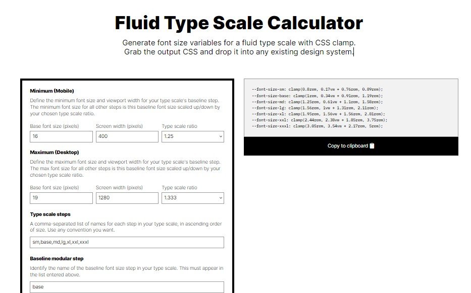 Generate font size variables for a fluid type scale with CSS clamp