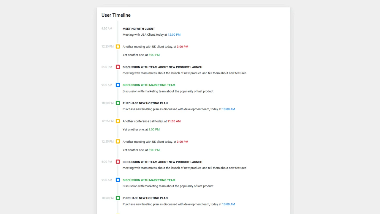 Bootstrap 4 User Business Timeline with Time