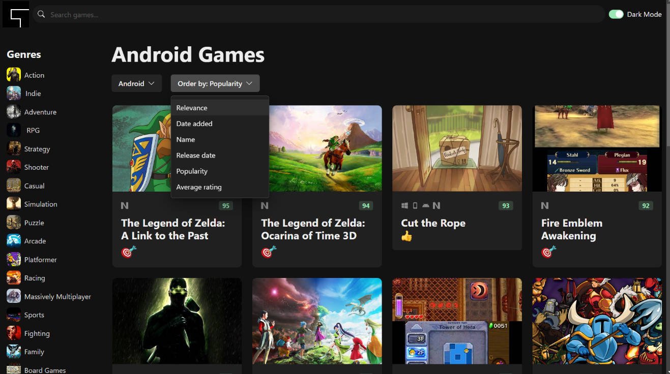A web application that allows users to search for games based on genres