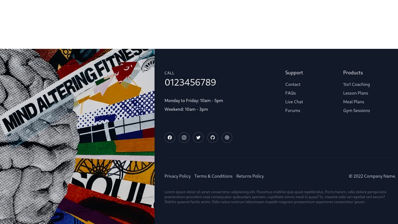 Split with Company Info, Links and Image Footer