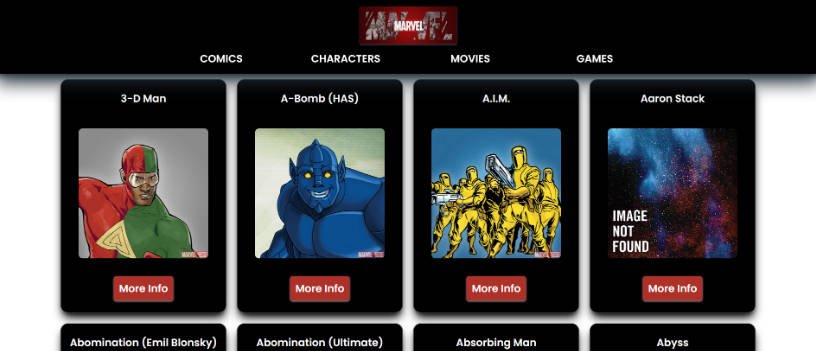 Marvel Mania application allows you to view 20 characters from the Marvel API
