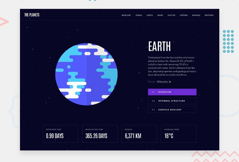 Planets fact site with animated solar system built with ReactJS