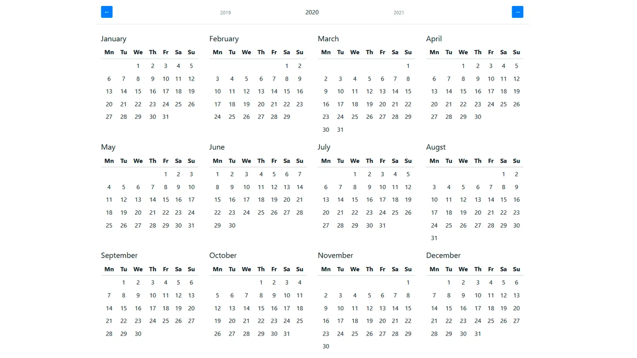 jQuery and Bootstrap 3/4 Year Calendar