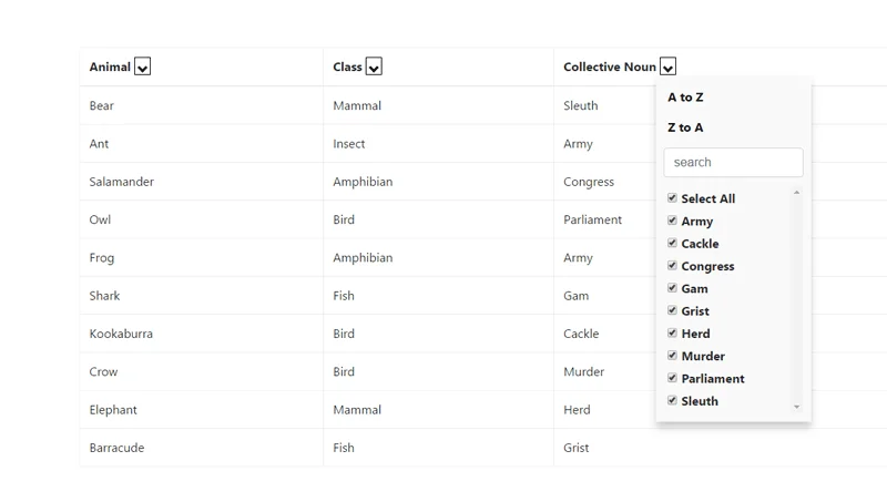 Excel Bootstrap Table Filter jQuery Plugin