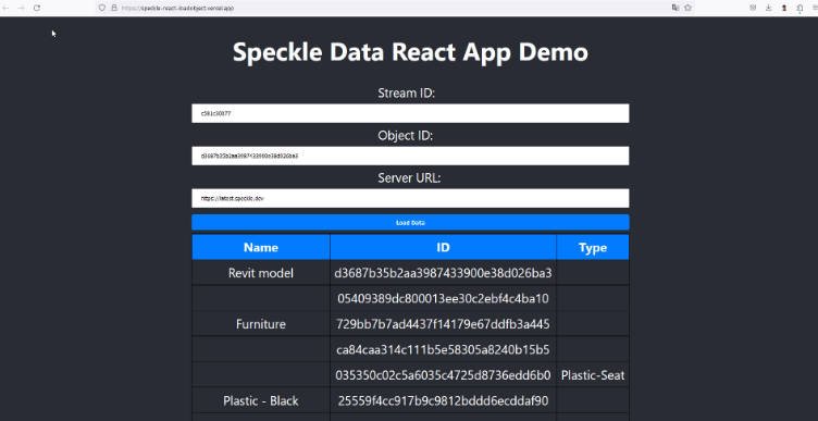 Sample demo speckle load data object with react app