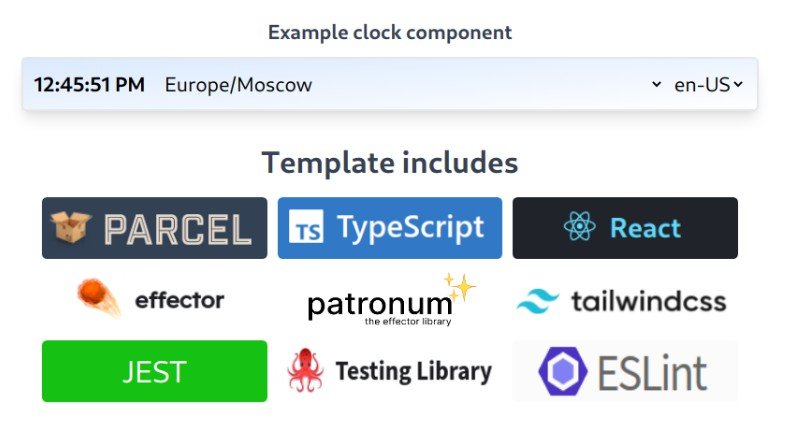 Template includes parcel, react, effector, tailwind and etc