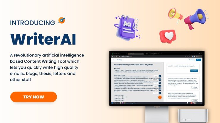 WriterAI - An AI based content writing tool that helps users easily write high quality emails, blogs, letters, thesis and other stuff